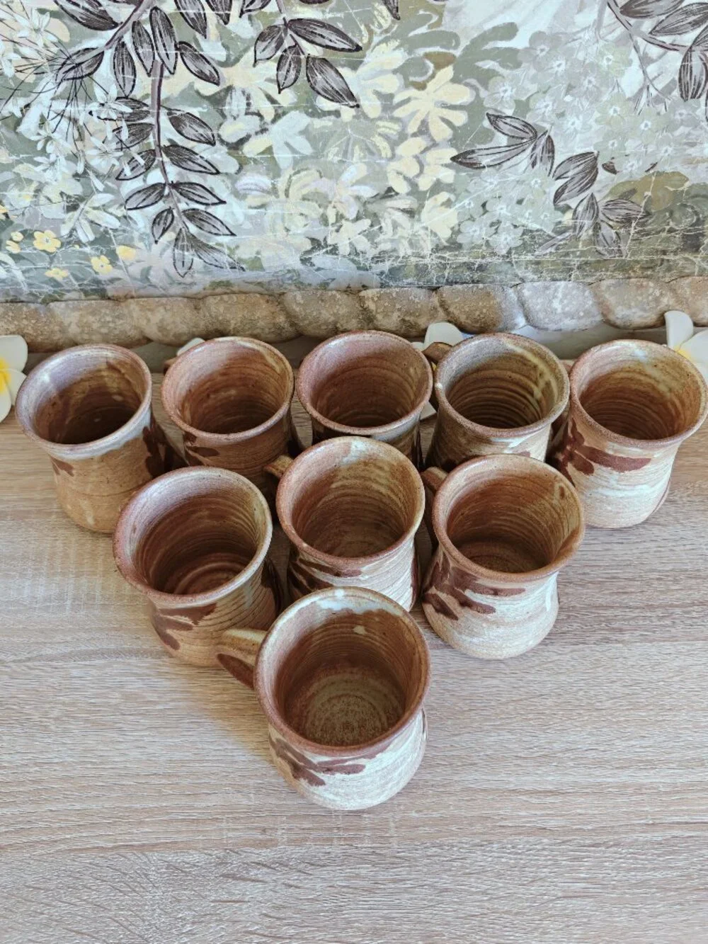 Set of 9 Vintage Signed MW Studio Pottery Botanical Stoneware Mugs